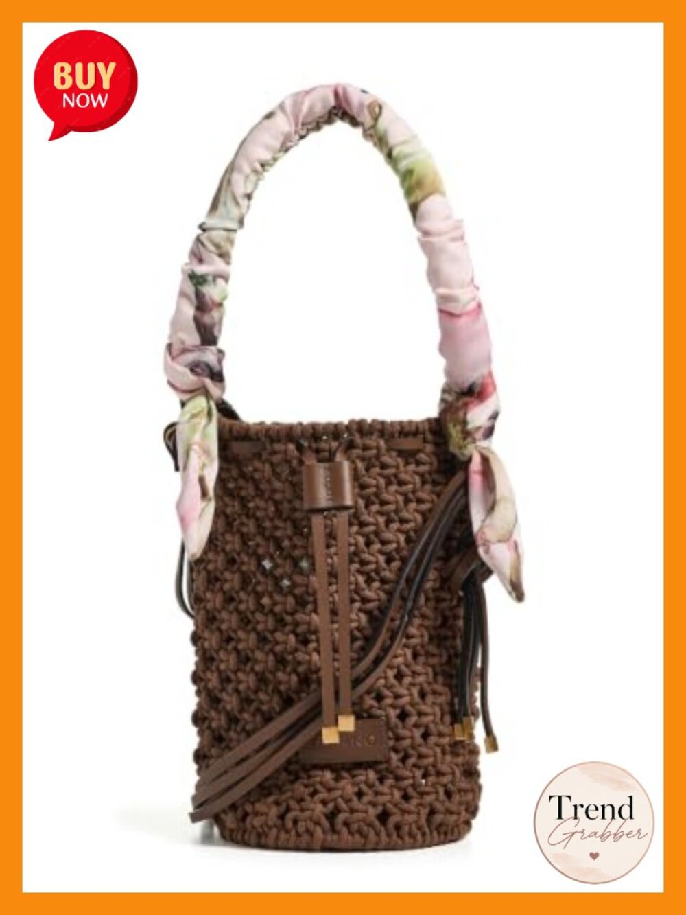 Macrame Shoulder Bag Bucket Drawstring Adjustable Strap Floral Handle